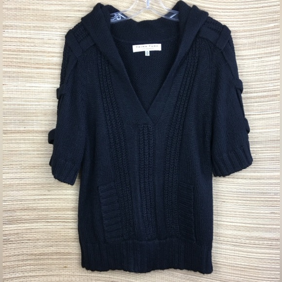 Trina Turk Alpaca Blend Cable Knit Short Sleeve Hoodie Sweater In  Black Size M - Picture 2 of 8